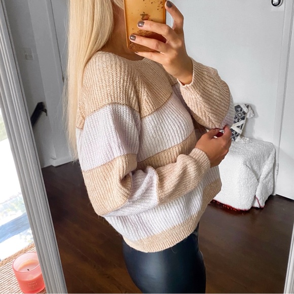 🍂 ONLY IVORY TAN METALLIC STRIPE CHUNKY KNIT SWEATER! - Picture 3 of 16